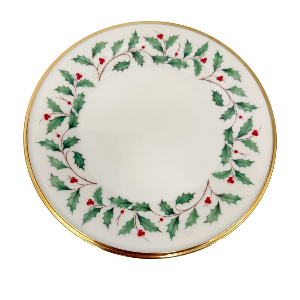 Lenox Holiday 8" Salad Plate Christmas holly berry 24k gold trim cream porcelain
